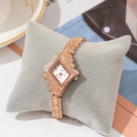 Montre à Quartz Femme Mode Strass Cadran Rhombique Luxe Or Rose Bracelet en Alliage Maillon de Feuille Montre Bracelet pour Dame Élégant Bijoux Cadeau