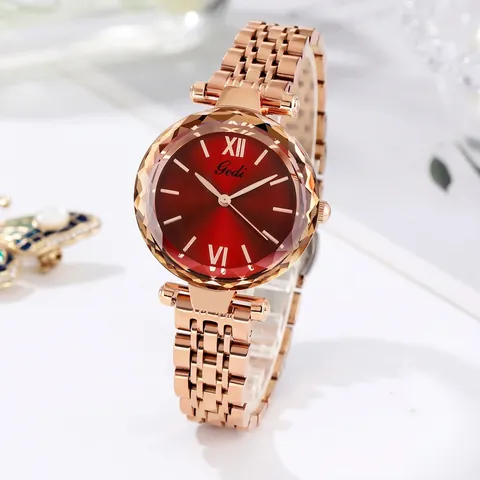 Gedi Reloj de Cuarzo para Mujer Esfera Roja de Rayos de Sol Vidrio Facetado Impermeable Correa de Acero Inoxidable Oro Rosa