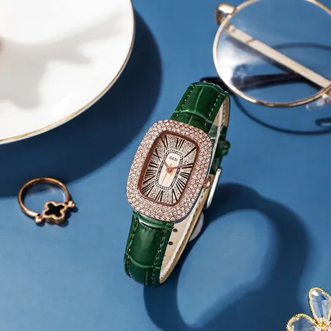Luxury Women Quartz Watch Rhinestone Encrusted Alloy Case Leather Strap Waterproof Roman Numerals Fashion Dress Wristwatch Gift