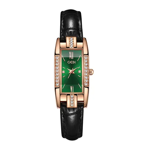 Montre à Quartz Rectangulaire de Luxe pour Femme Boîtier Or Rose avec Strass Bracelet en Cuir Montre Étanche Élégante pour Dame
