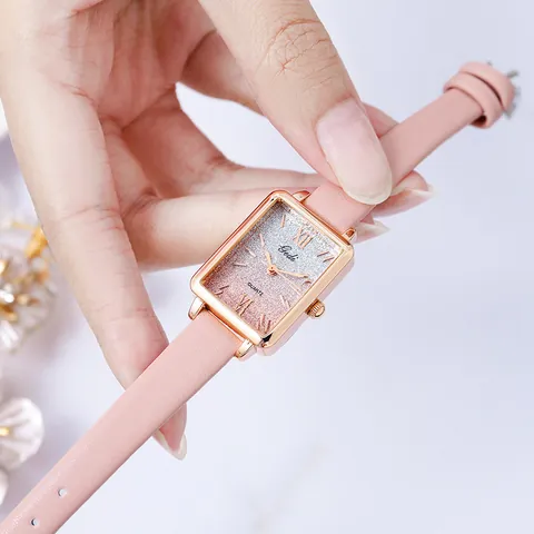 Gedi Montre à Quartz Mode Femme Boîtier Rectangulaire Or Rose Cadran Dégradé Pailleté Bracelet en Cuir Étanche Élégante