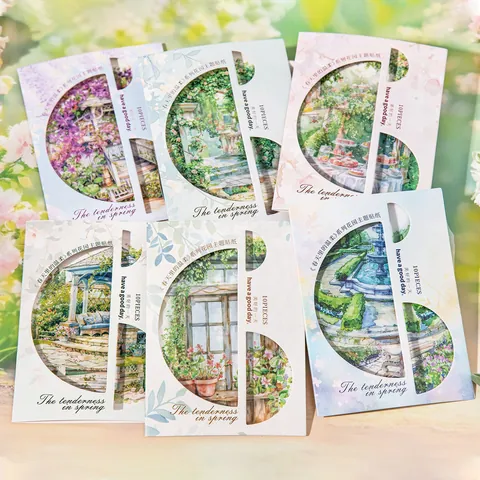 Gartenthema PET Aufkleber Wasserdicht Blumen Katze Brunnen Pavillon Landschaft Dekorative Aufkleber Für Scrapbooking DIY Journal