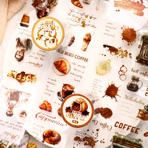 Retro Coffee Town Series PET Die Cut Decorative Tape Vintage Illustration Coffee Theme Journaling Scrapbooking DIY Material Stickers