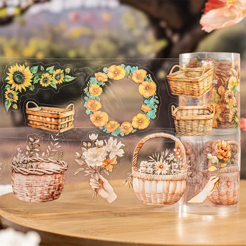 Nastro Decorativo PET Floreale Vintage Cesto di Fiori Motivi Botanici per Scrapbooking Journaling DIY Artigianato Confezione Regalo Forniture Arte