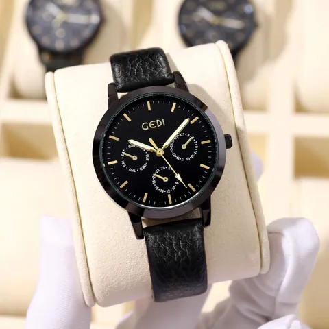 GEDI Reloj de Cuarzo de Negocios Unisex Esfera Multifunción Correa de Cuero Sintético Lichi Impermeable Reloj de Moda