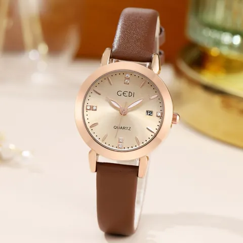 Reloj de Cuarzo para Mujer Correa de Cuero Caja de Aleación de Zinc Oro Rosa Marcadores de Strass Función de Fecha Impermeable