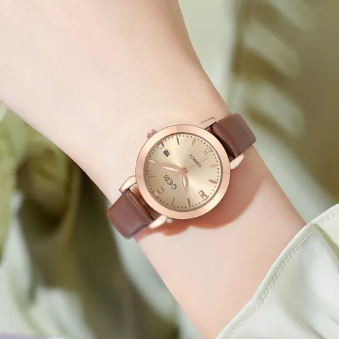 Reloj de Cuarzo para Mujer Correa de Cuero Caja de Aleación de Zinc Oro Rosa Marcadores de Strass Función de Fecha Impermeable
