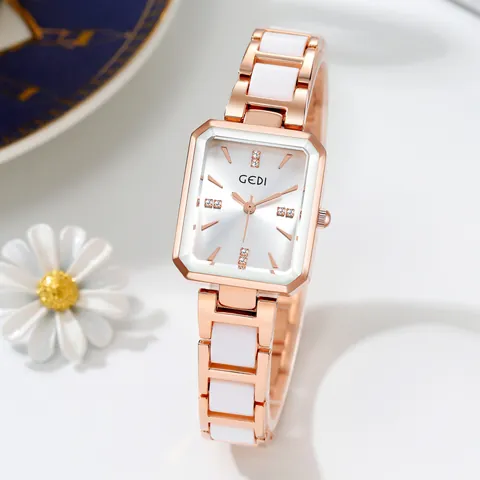 Reloj de Cuarzo Cuadrado para Mujer Lujo Oro Rosa Aleación Strass Impermeabile Reloj de Pulsera Moda Con Correa Aspecto Cerámico