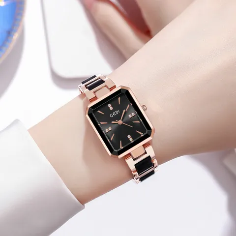 Reloj de Cuarzo Cuadrado para Mujer Lujo Oro Rosa Aleación Strass Impermeabile Reloj de Pulsera Moda Con Correa Aspecto Cerámico