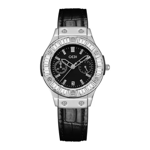 Women Quartz Watch Alloy Case Baguette Zircon Bezel Calendar Date Display Multi Function Dial Leather Strap Luxury Fashion