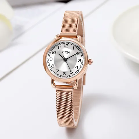 GEDI Reloj de Cuarzo para Mujer Lujo Moda Oro Rosa Correa de Malla de Acero Inoxidable Esfera Redonda Impermeable Analógico