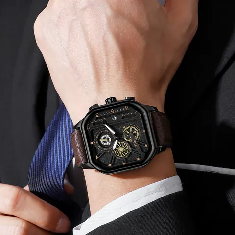 GEDI Reloj de Cuarzo Cuadrado de Moda para Hombre Impermeable Luminoso de Negocios Con Correa de Cuero de Grano Litchi Fecha