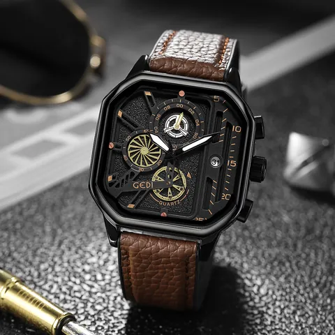 GEDI Reloj de Cuarzo Cuadrado de Moda para Hombre Impermeable Luminoso de Negocios Con Correa de Cuero de Grano Litchi Fecha