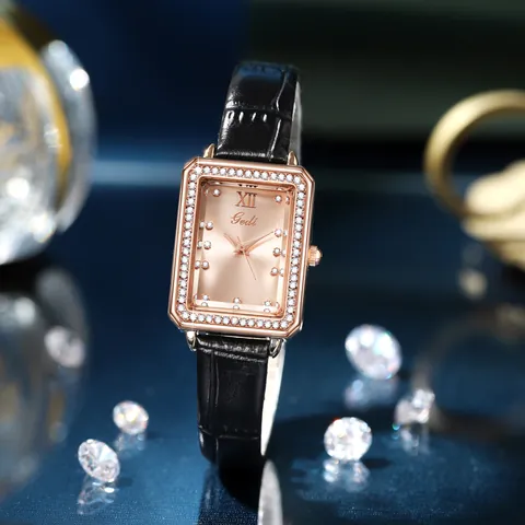 Fashion Women Rectangular Quartz Watch Rose Gold Case Rhinestone Encrusted Waterproof Luxury Faux Leather Strap Wristwatch