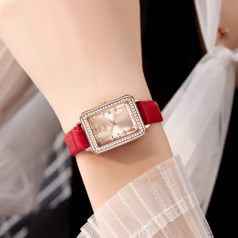 Fashion Women Rectangular Quartz Watch Rose Gold Case Rhinestone Encrusted Waterproof Luxury Faux Leather Strap Wristwatch