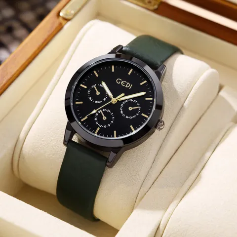 GEDI Reloj de Cuarzo de Negocios Unisex Esfera Multifunción Correa de Cuero Sintético Lichi Impermeable Reloj de Moda