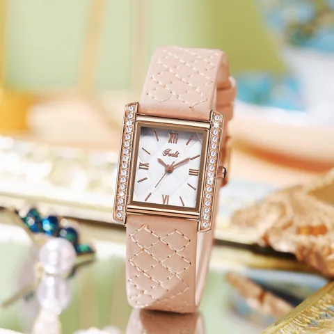 GEDI Women Fashion Square Quartz Watch Rhinestone Inlaid Waterproof Rhombus Pattern Leather Strap Elegant Vintage Wristwatch