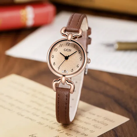 Women Retro Minimalist Quartz Watch Rose Gold Alloy Case Leather Strap Water Resistant Arabic Numerals Elegant Lady Watch