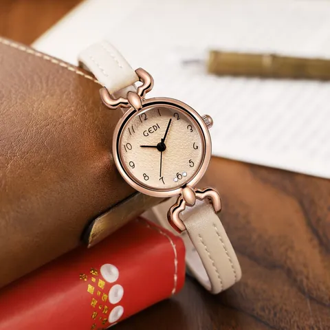 Women Retro Minimalist Quartz Watch Rose Gold Alloy Case Leather Strap Water Resistant Arabic Numerals Elegant Lady Watch