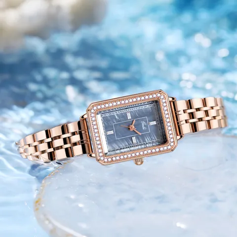 Women's Luxury Rectangular Quartz Watch Rose Gold Stainless Steel Strap Rhinestone Bezel Mother Of Artificial Pearl Dial Elegant Fashion Wristwatch