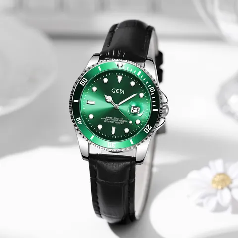 Luxury Women Business Quartz Watch Waterproof Luminous Calendar Diving Style Rotatable Bezel Genuine Leather Strap Wristwatch