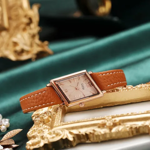 Women Vintage Rhombus Quartz Watch With Rose Gold Alloy Case Leather Strap Waterproof Elegant Fashion Dress Wristwatch For Ladies