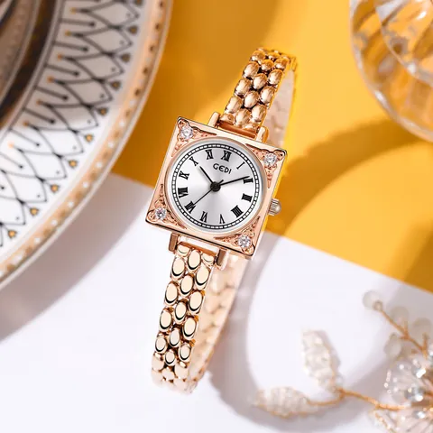 GEDI Vintage Square Quartz Watch For Women Luxury Gold Plated Alloy Chain Strap Roman Numeral Rhinestone Decorative Watch