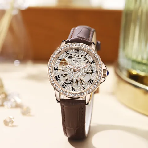 Gedi Damen Automatik-Mechanikuhr Skelett Sterne Zifferblatt Roségold Legierung Gehäuse Strass Lederarmband Wasserdicht