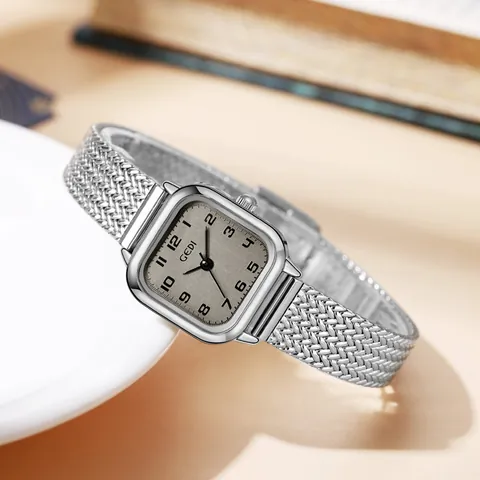 Damen Quadratische Würfel Uhr Edelstahl Mesh Armband Wasserdicht Retro Vintage Stil Quarz Armbanduhr Elegant