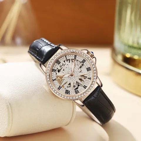 Gedi Damen Automatik-Mechanikuhr Skelett Sterne Zifferblatt Roségold Legierung Gehäuse Strass Lederarmband Wasserdicht