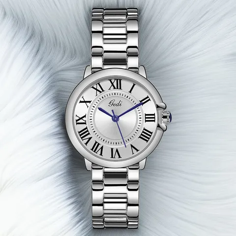 Elegant Women Quartz Watch Alloy Case Stainless Steel Strap Roman Numerals Blue Hands Waterproof Fashion Wristwatch Gift