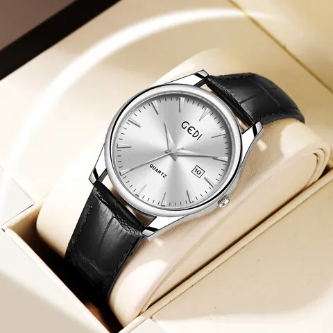 GEDI Pärchen Quarzuhr Echtes Leder Armband Kalender Wasserdicht Minimalistisch Business Armbanduhr Für Herren Damen