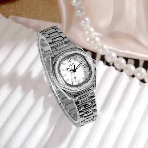 Reloj de Cuarzo de Lujo GEDI para Mujer Correa de Acero Inoxidable Bisel Octogonal con Strass Calendario Impermeabile Joyería Elegante Regalo