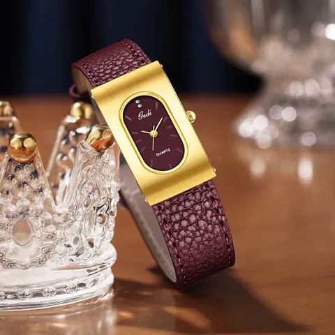 Montre à Quartz Gedi Vintage Minimaliste Rectangulaire pour Femme Avec Cadran Ovale Boîtier en Alliage Bracelet en Cuir Microfibre