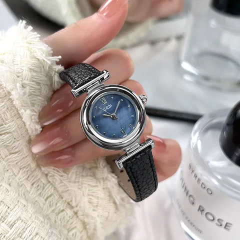 Reloj de Cuarzo de Lujo para Mujer Esfera de Nácar Correa de Cuero con Patrón de Litchi Impermeabile Caja Redonda Vintage Elegante Reloj de Pulsera
