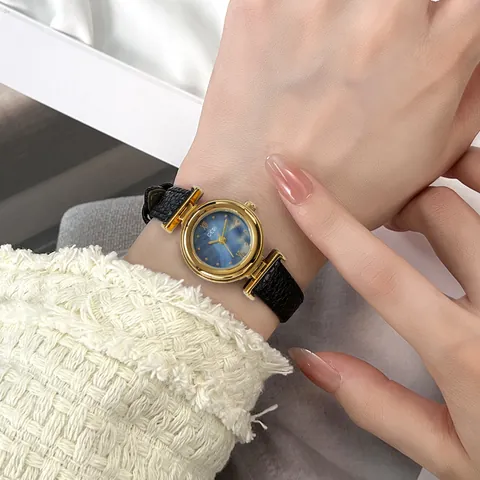 Reloj de Cuarzo de Lujo para Mujer Esfera de Nácar Correa de Cuero con Patrón de Litchi Impermeabile Caja Redonda Vintage Elegante Reloj de Pulsera