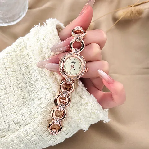 Gedi Women Fashion Quartz Bracelet Watch Elegant Rhinestone Inlaid Waterproof Rose Gold Gold Luxury Wrist Jewelry Watch