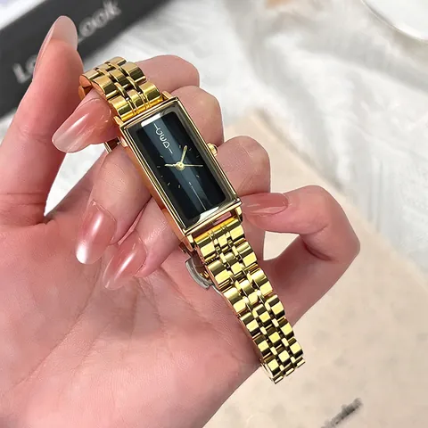 Vintage Rectangular Women Quartz Watch Gold Stainless Steel Strap Minimalist Elegant Small Dial Water Resistant Wristwatch