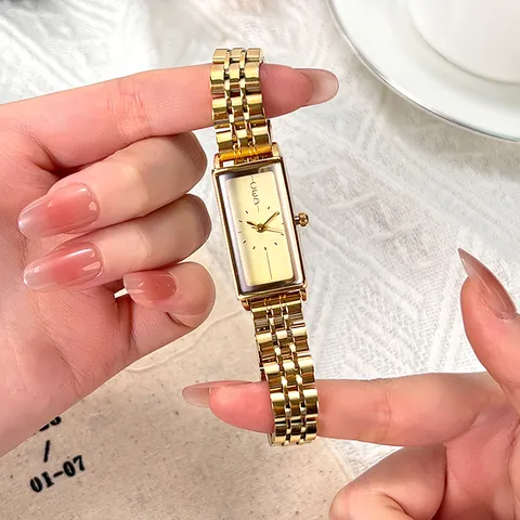 Vintage Rectangular Women Quartz Watch Gold Stainless Steel Strap Minimalist Elegant Small Dial Water Resistant Wristwatch