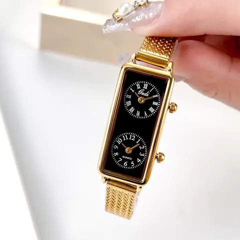 GEDI Women Vintage Square Watch Dual Time Zone Quartz Movement Gold Mesh Strap Rectangular Waterproof Ladies Wristwatch