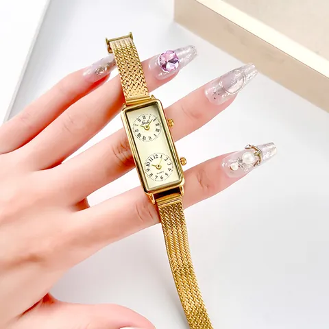 GEDI Women Vintage Square Watch Dual Time Zone Quartz Movement Gold Mesh Strap Rectangular Waterproof Ladies Wristwatch