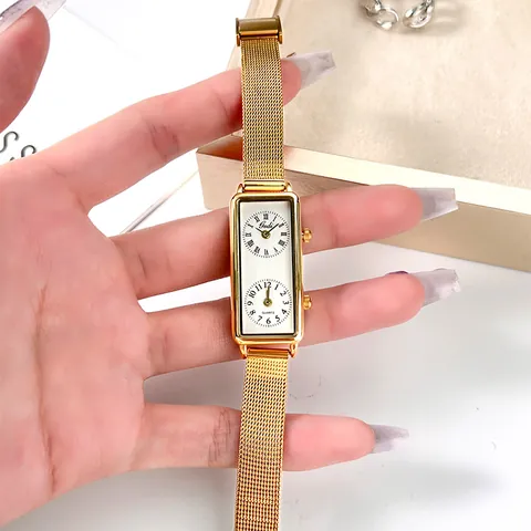 Reloj de Cuarzo Rectangular Retro para Mujer Doble Zona Horaria Diseño de Doble Esfera Correa de Malla de Acero Impermeabile