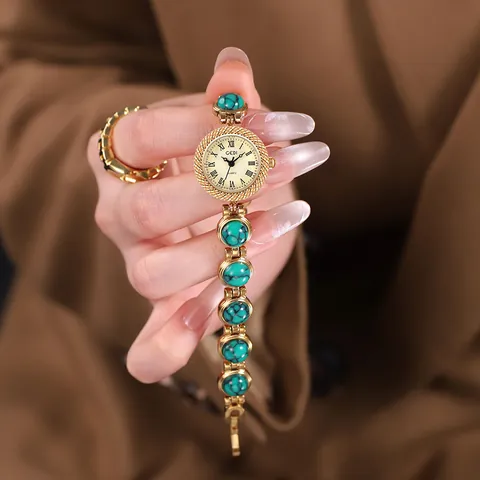 Women Vintage Jewelry Bracelet Watch Luxury Quartz Wristwatch With Colorful Stone Inlaid Metal Chain Elegant Accessory