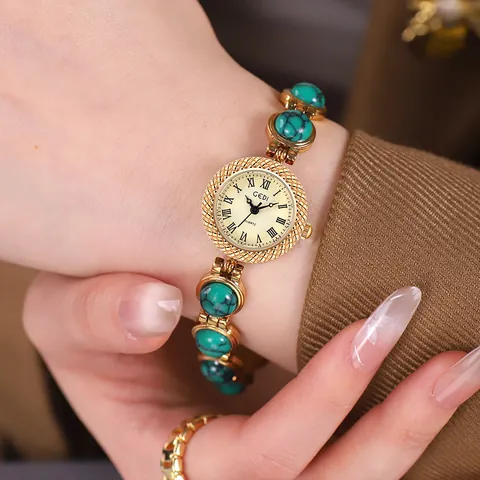 Women Vintage Jewelry Bracelet Watch Luxury Quartz Wristwatch With Colorful Stone Inlaid Metal Chain Elegant Accessory