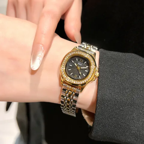 Women's Luxury Fashion Quartz Watch Rhinestone Set Bezel Stainless Steel Strap Waterproof Elegant Two Tone Wristwatch Gedi Female Business Dress Watch