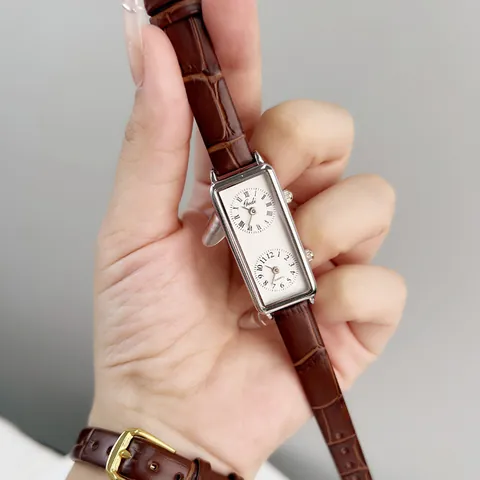 Gedi Vintage Rectangular Women's Quartz Watch Dual Time Zone Leather Strap Waterproof Business Ladies' Wristwatch