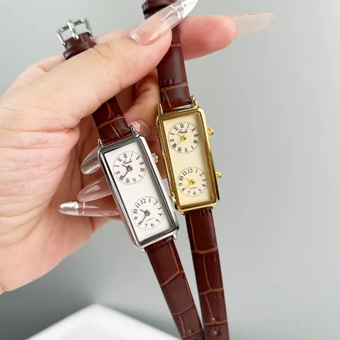 Gedi Vintage Rectangular Women's Quartz Watch Dual Time Zone Leather Strap Waterproof Business Ladies' Wristwatch