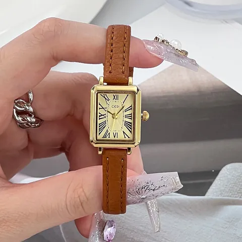 Reloj de Cuarzo Rectangular Vintage GEDI para Mujer Números Romanos Caja de Aleación Correa de Cuero Impermeable Elegante