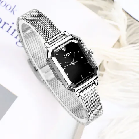 GEDI Luxus Damen Quarzuhr Quadratisch Vintage Achteckiges Gehäuse Wasserdicht Edelstahl Milanaise-Armband Strass Armbanduhr