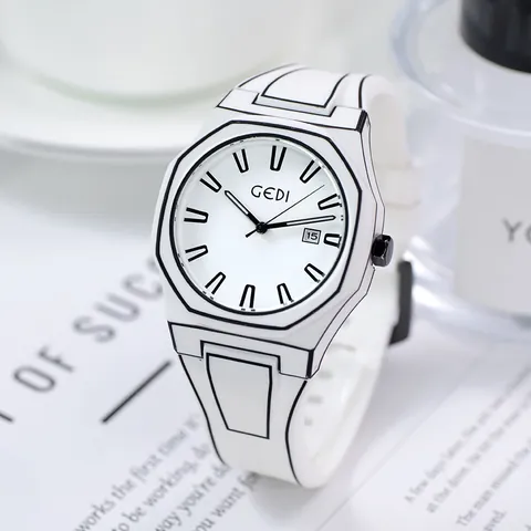 GEDI 2D Manga Anime Style Minimalist Quartz Watch Waterproof Silicone Strap Calendar Date Fashion Wristwatch For Men Women